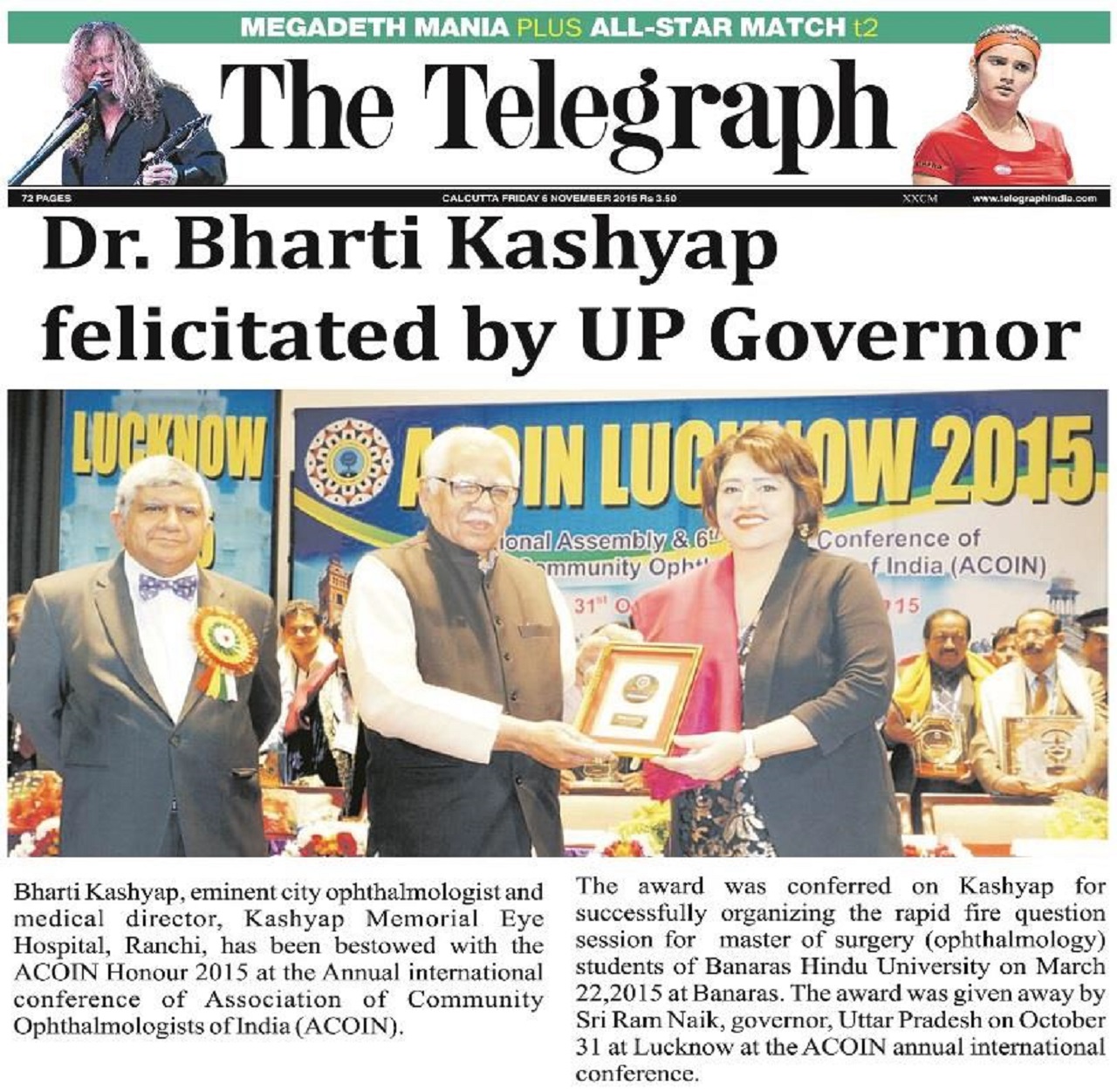 Dr. Bharti Kashyap:Association of Community Ophthalmologist of India Award - 2015
