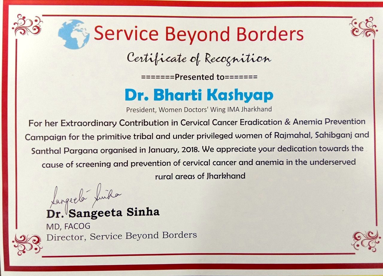 Dr. Bharti Kashyap:Award by Service Beyond Borders, USA