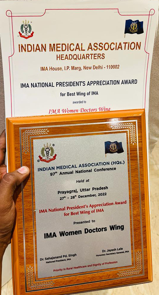 Dr. Bharti Kashyap:The Best Wing of IMA Award as National Co-Chairperson of WDW IMA HQ 